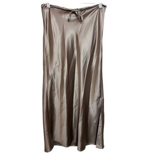 Dress Forum Taupe Satin Slip Midi Skirt with Slit and Drawstring Waist